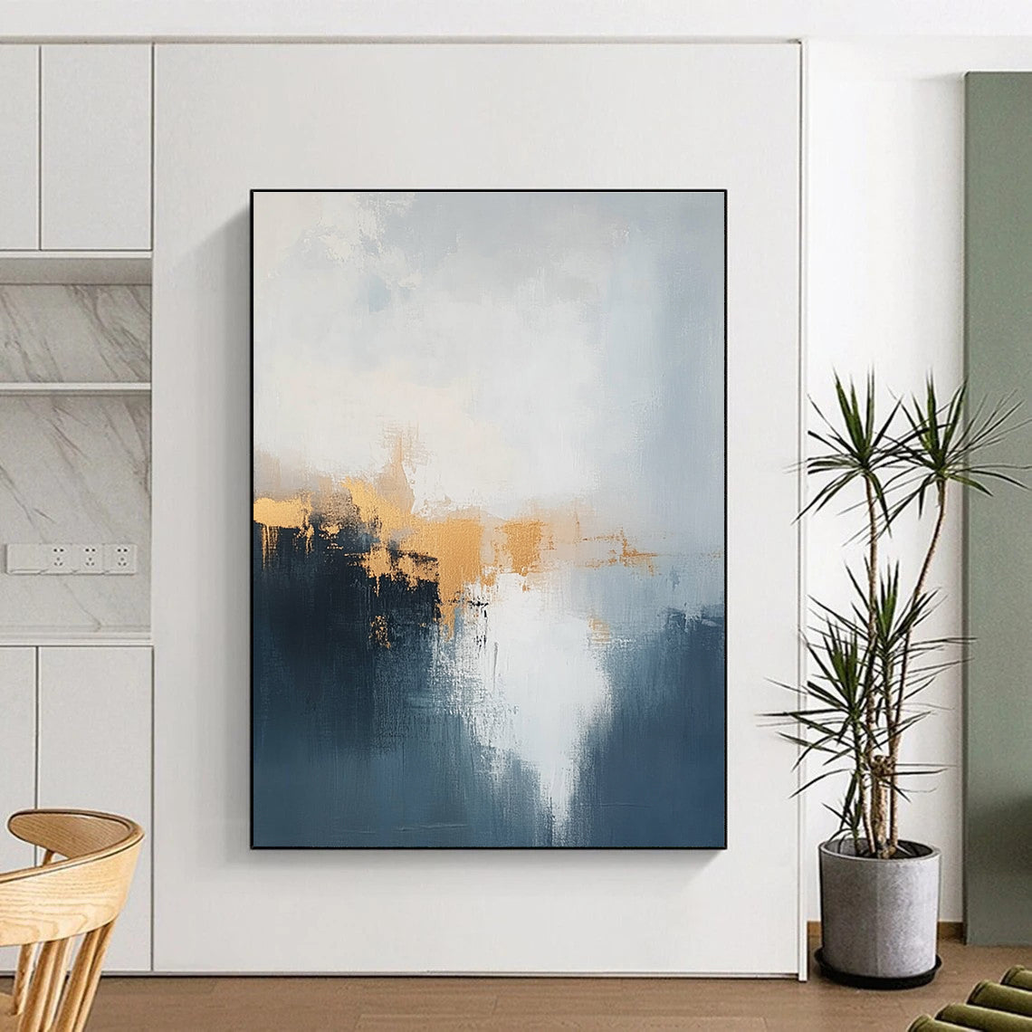 Blue and Gold Abstract Mist Painting for Coastal Hotel Lobbies GAB1189