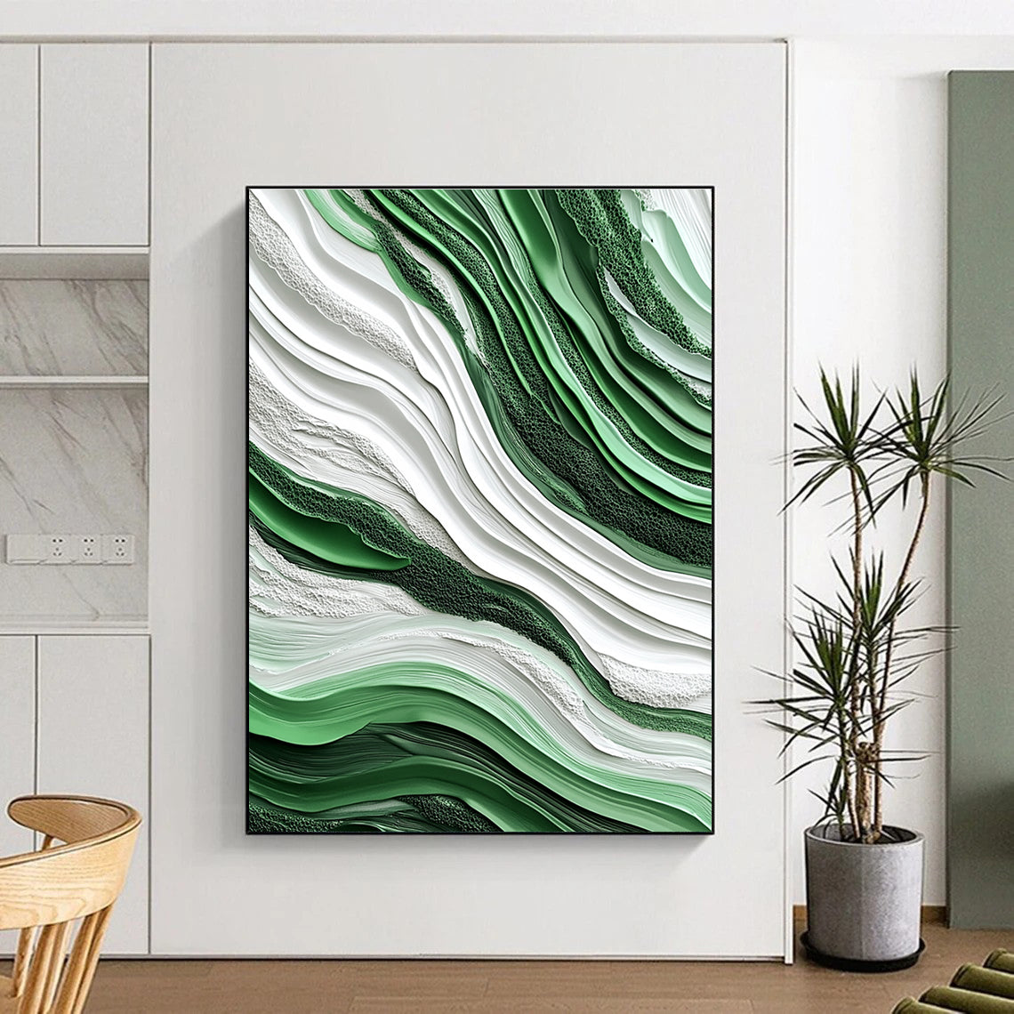 Green and White Wave - Shaped Abstract Painting for Nature - Lover’s Bedrooms GAB0921