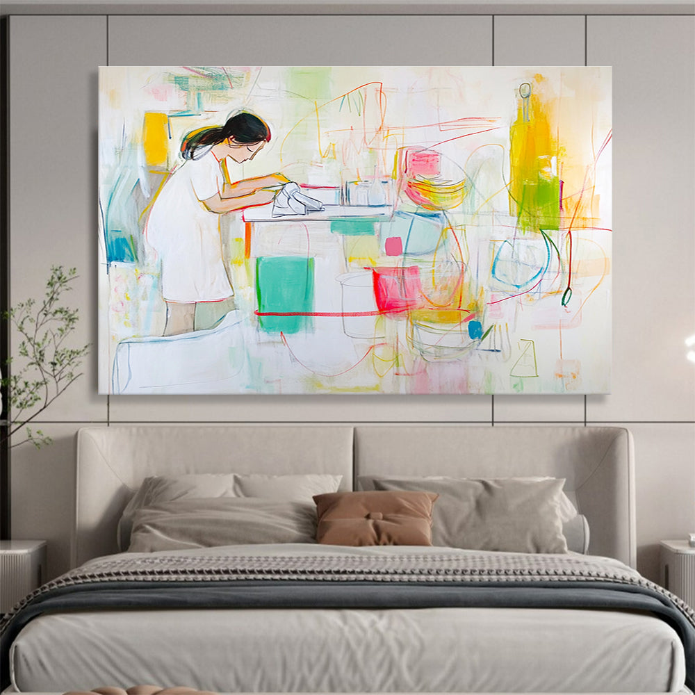 Woman at Work in Colorful Kitchen with Expressive Lines Abstract Painting ABS325