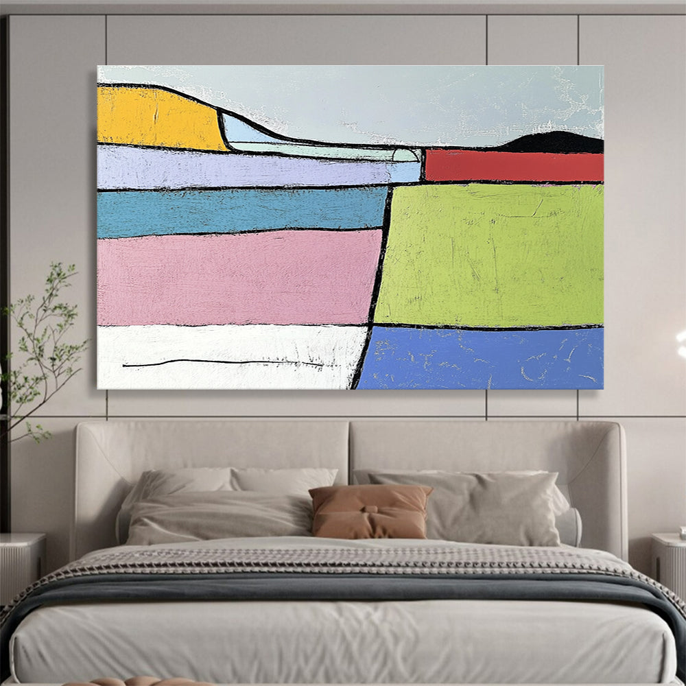 Geometric Color - Blocked Landscape Abstract Painting with Bold Outlines ABS222