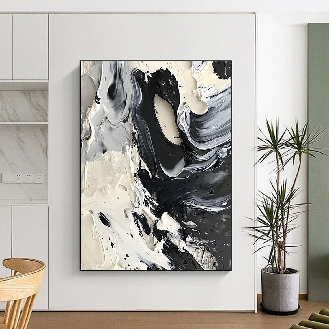 Black and White Swirl Abstract Painting for Minimalist Home Studies GAB1314