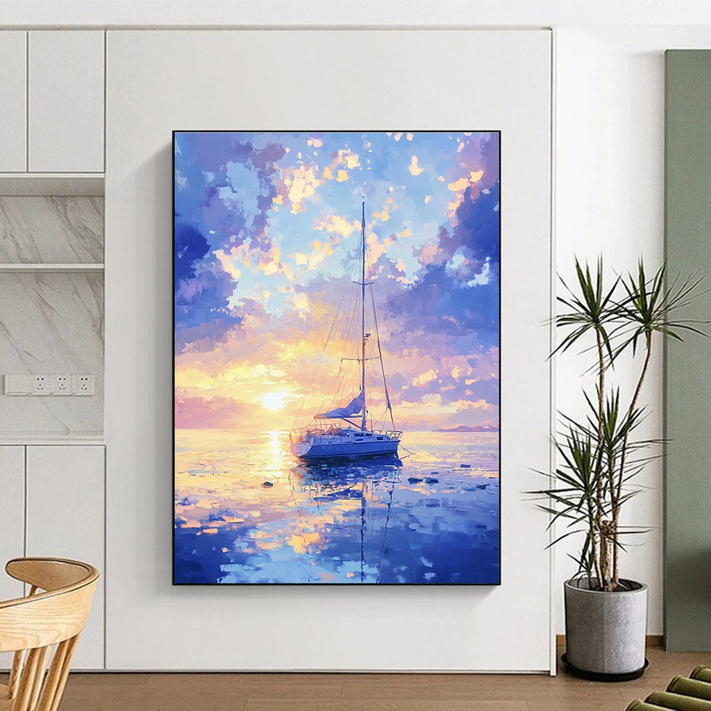 Serene Sailboat Sunset Abstract Painting with Dreamy Colors GAB0015