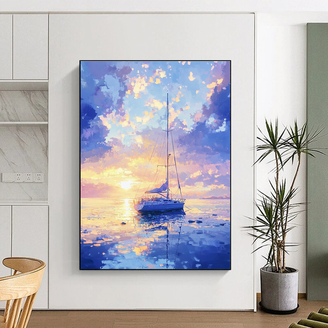 Serene Sailboat Sunset Abstract Painting with Dreamy Colors GAB0015