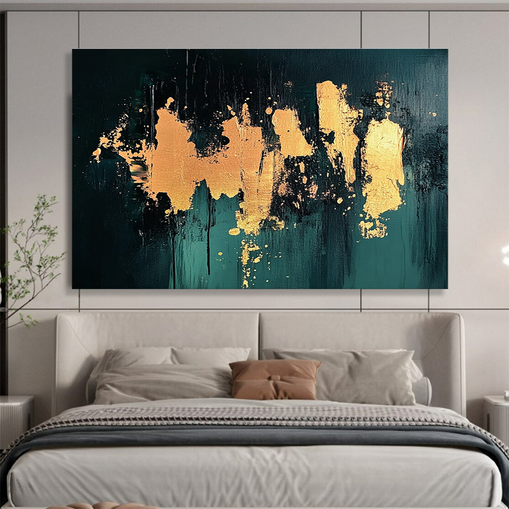 Gold Splash on Green Abstract Painting with Luxurious Accents ABS418