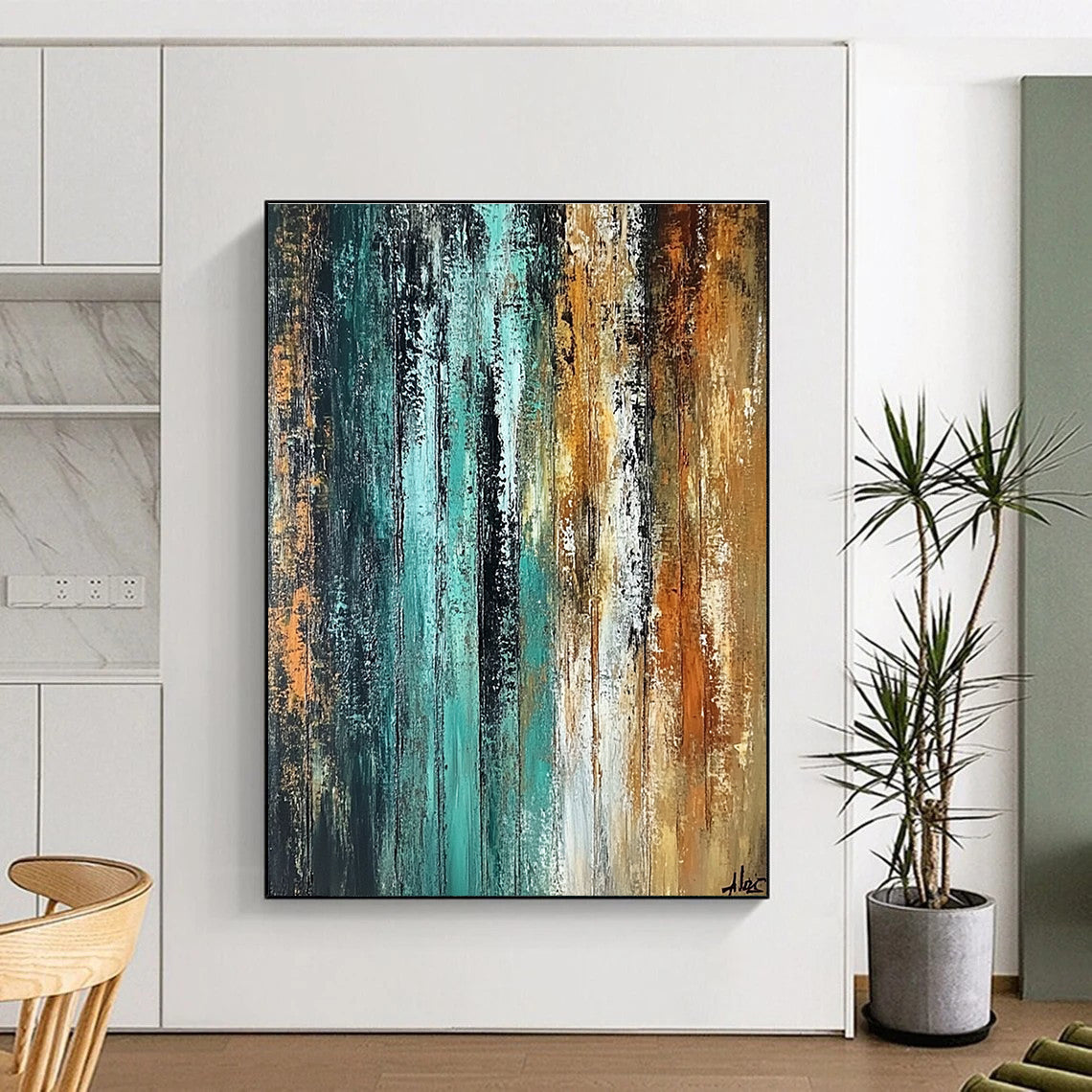 Teal Brown Gray Abstract Painting with Earthy Depth WINK485