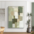 Green and Neutral Tones Abstract Painting with Textured Squares WINK811