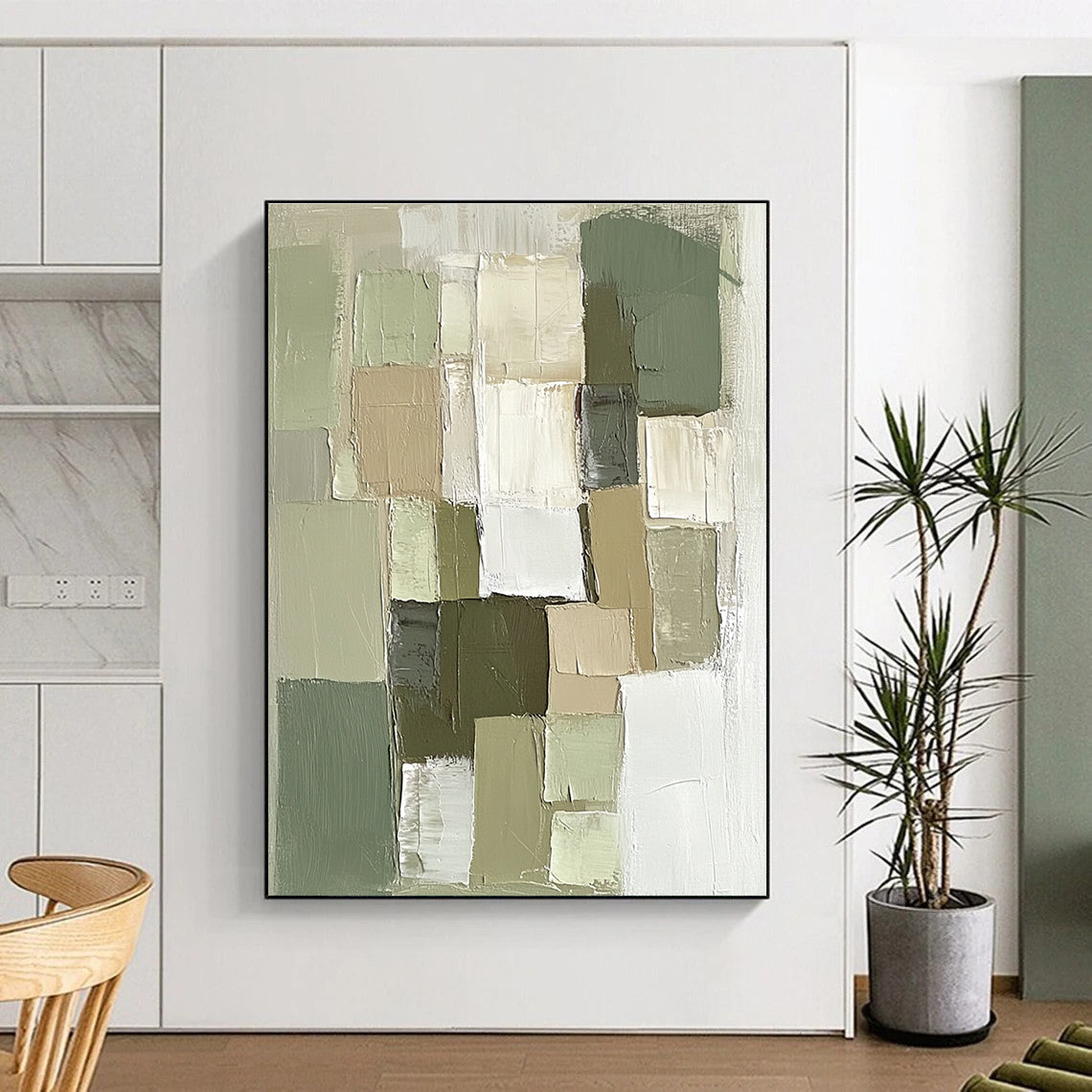 Green and Neutral Tones Abstract Painting with Textured Squares WINK811