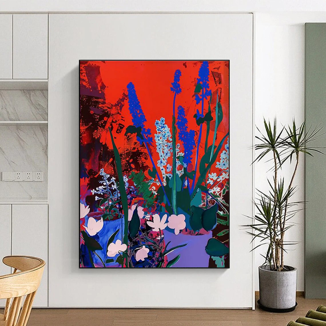Blue Flowers on Red Abstract Painting for Bold Home Interiors HENG100
