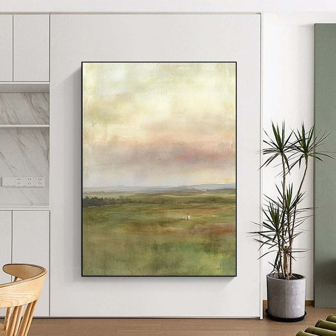 Green Field with Figure - Serene Landscape Watercolor Art GAB0390