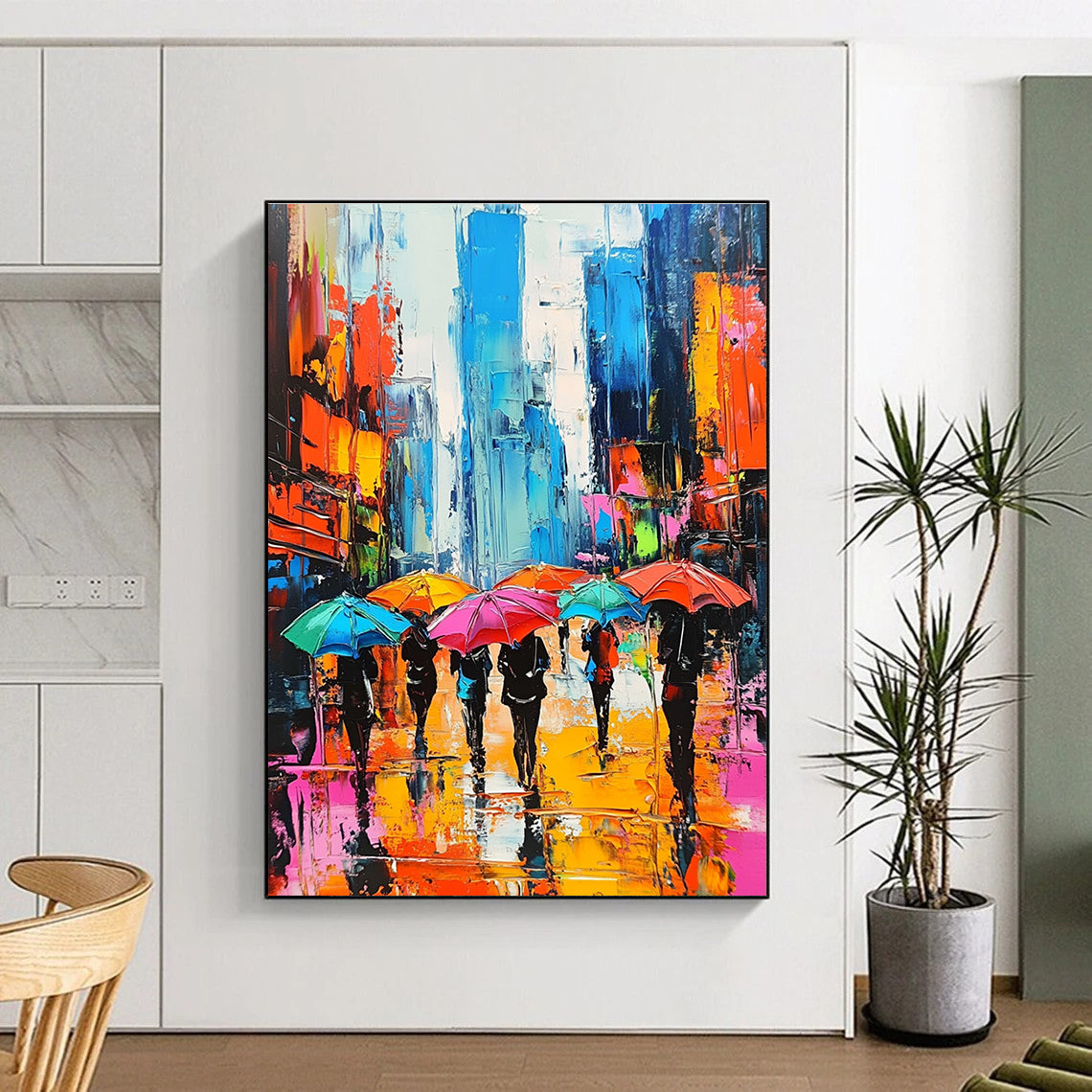 Colorful City Umbrella Scene Abstract Painting for Urban - Themed Restaurants GAB1266