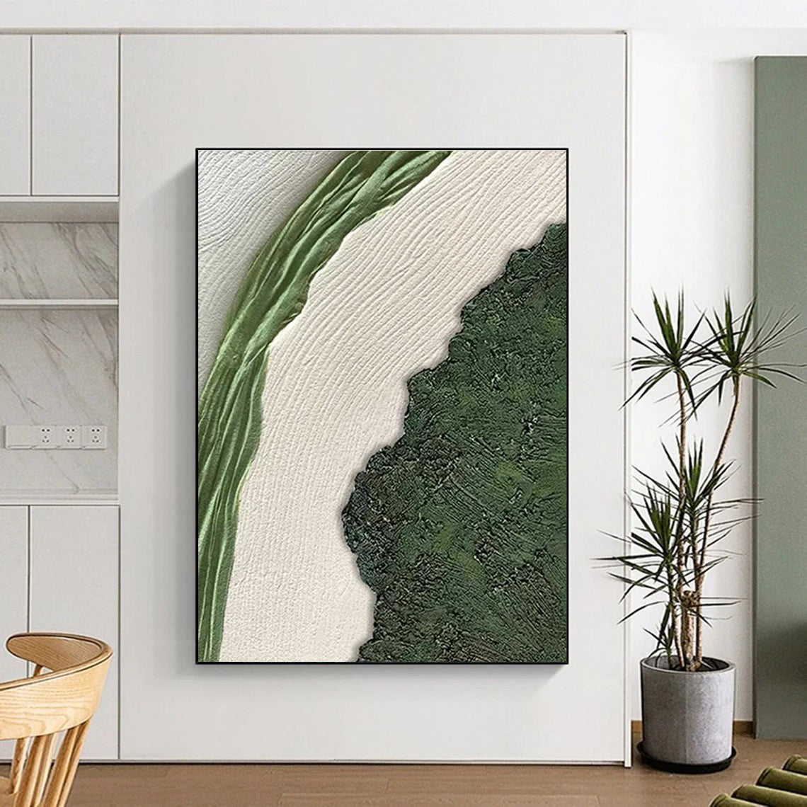Textured Green and White Landscape Painting for Nature - Inspired Minimalist Spaces HENG316