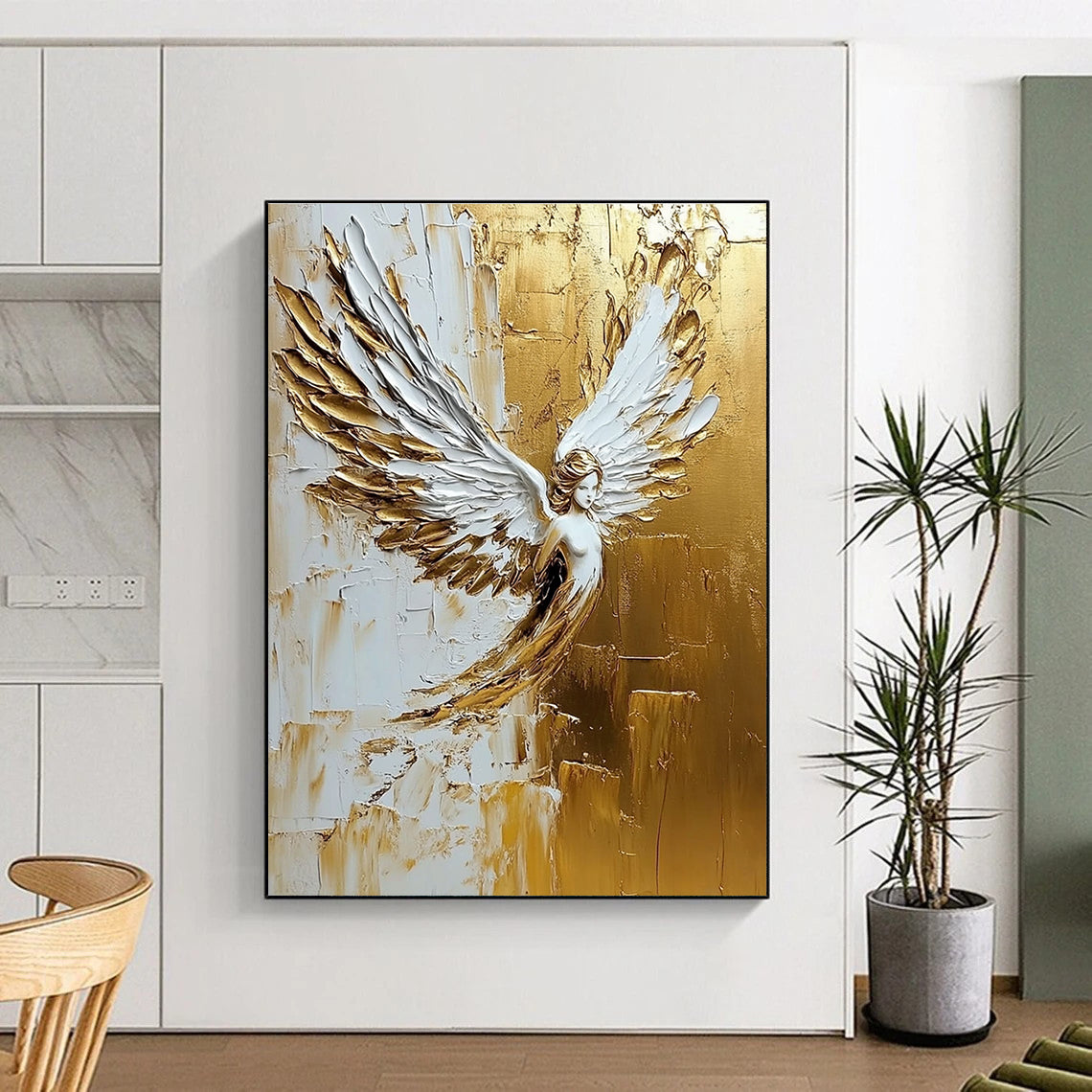 Golden Angel Winged Figure - Spiritual Textured Abstract Art GAB0434