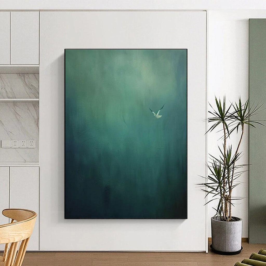 Solitary Bird in Green Abstract Painting for Peaceful Meditation Rooms HENG477