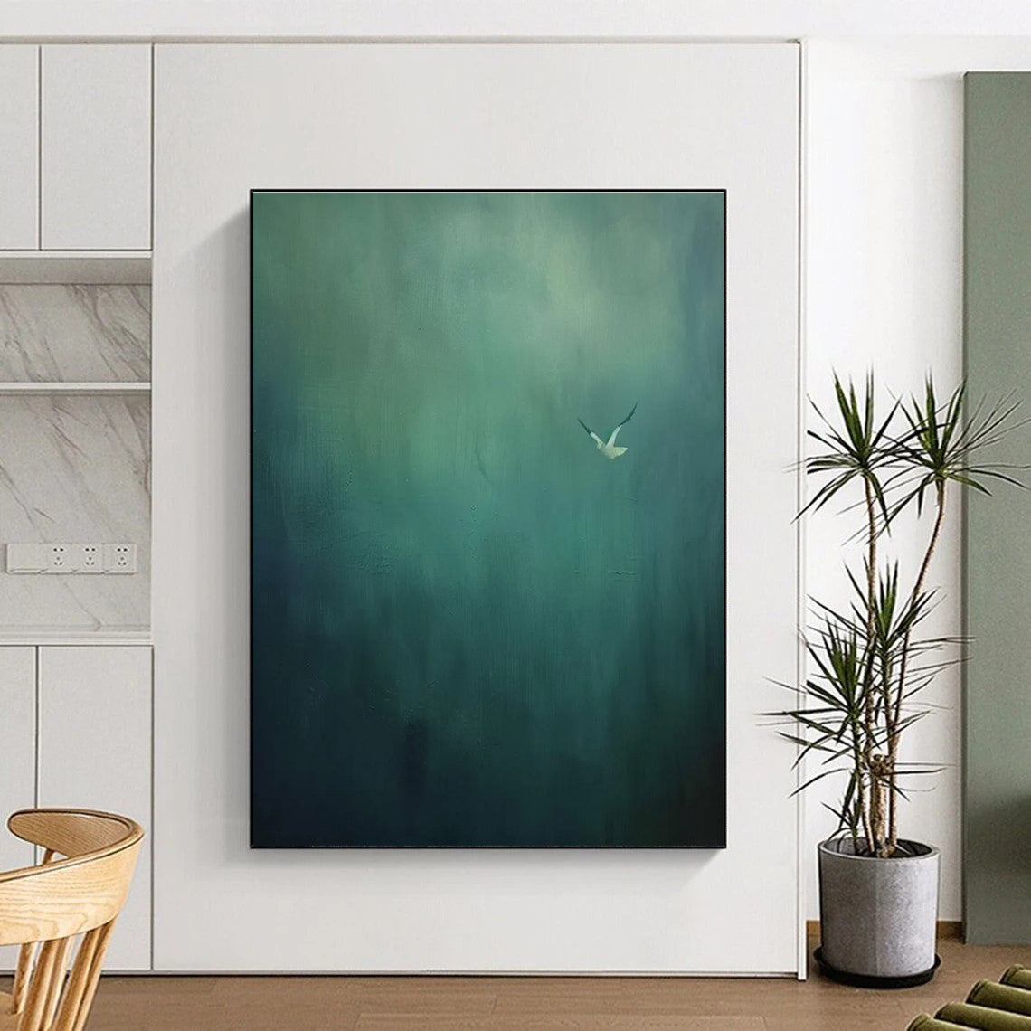 Solitary Bird in Green Abstract Painting for Peaceful Meditation Rooms HENG477