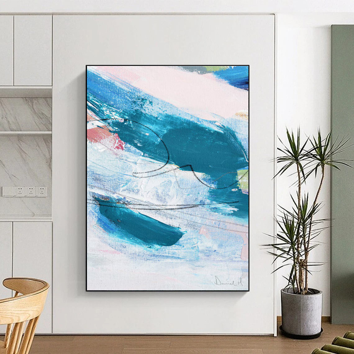 Blue - Teal Abstract with Curves Painting for Coastal - Inspired Spaces HENG151