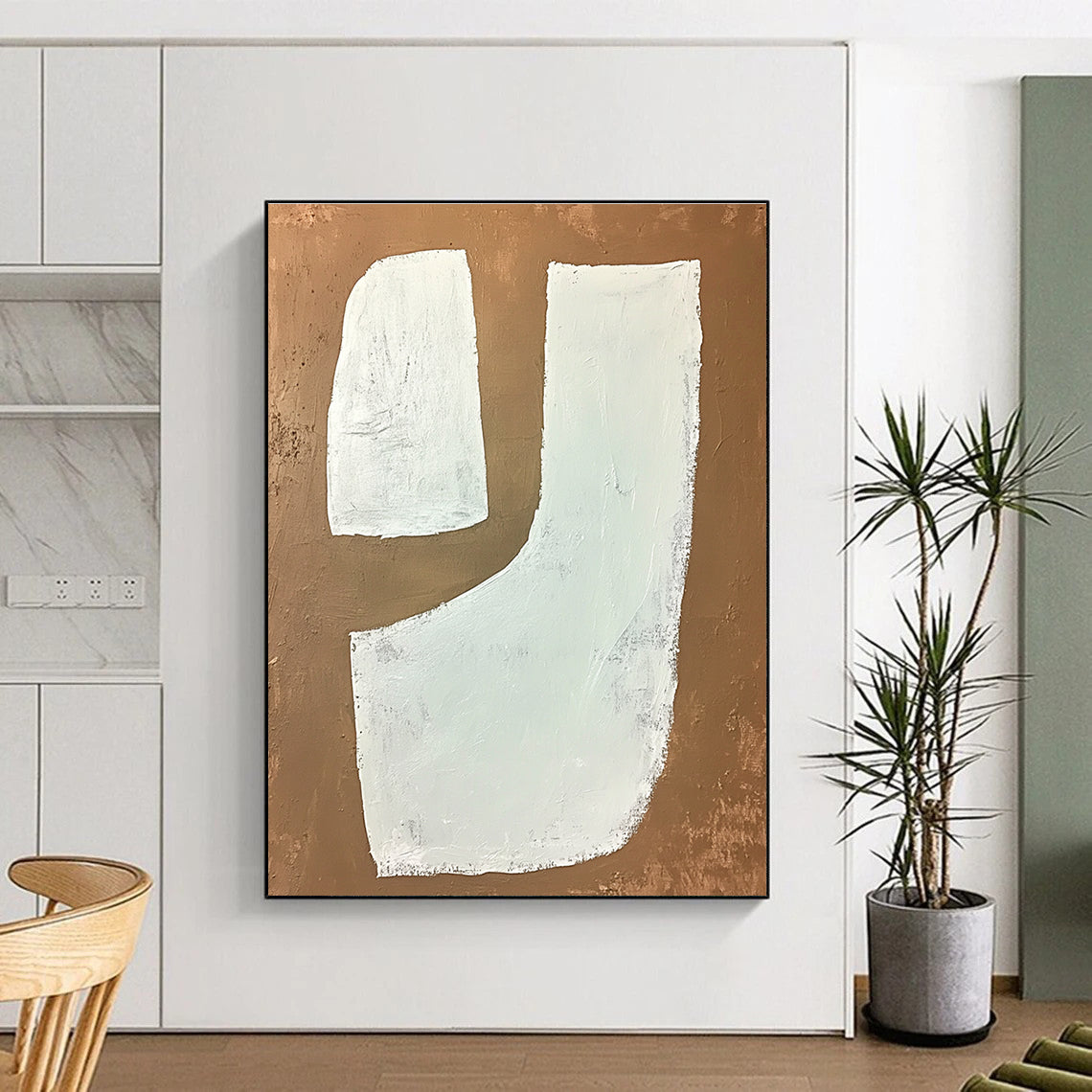 White Shapes on Brown Geometric Abstract Painting for Modern Decor GAB1533