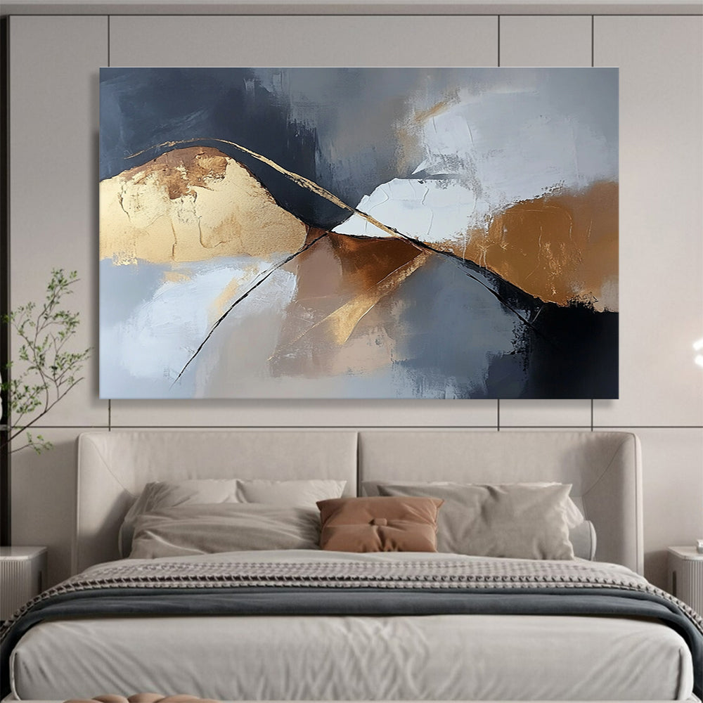 Gold - Accented Mountain Abstract Painting with Dramatic, Minimalist Peaks ABS485