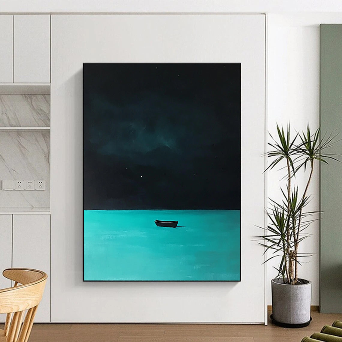 Boat on Turquoise Water at Night Mysterious Seascape Abstract Painting GAB0353