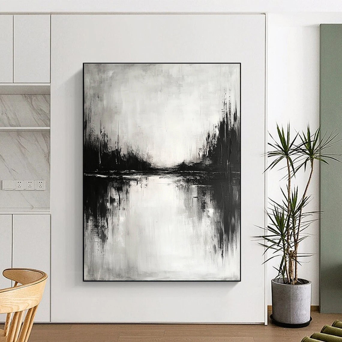 Black and White Lake Landscape - Moody Atmospheric Abstract Painting GAB0450