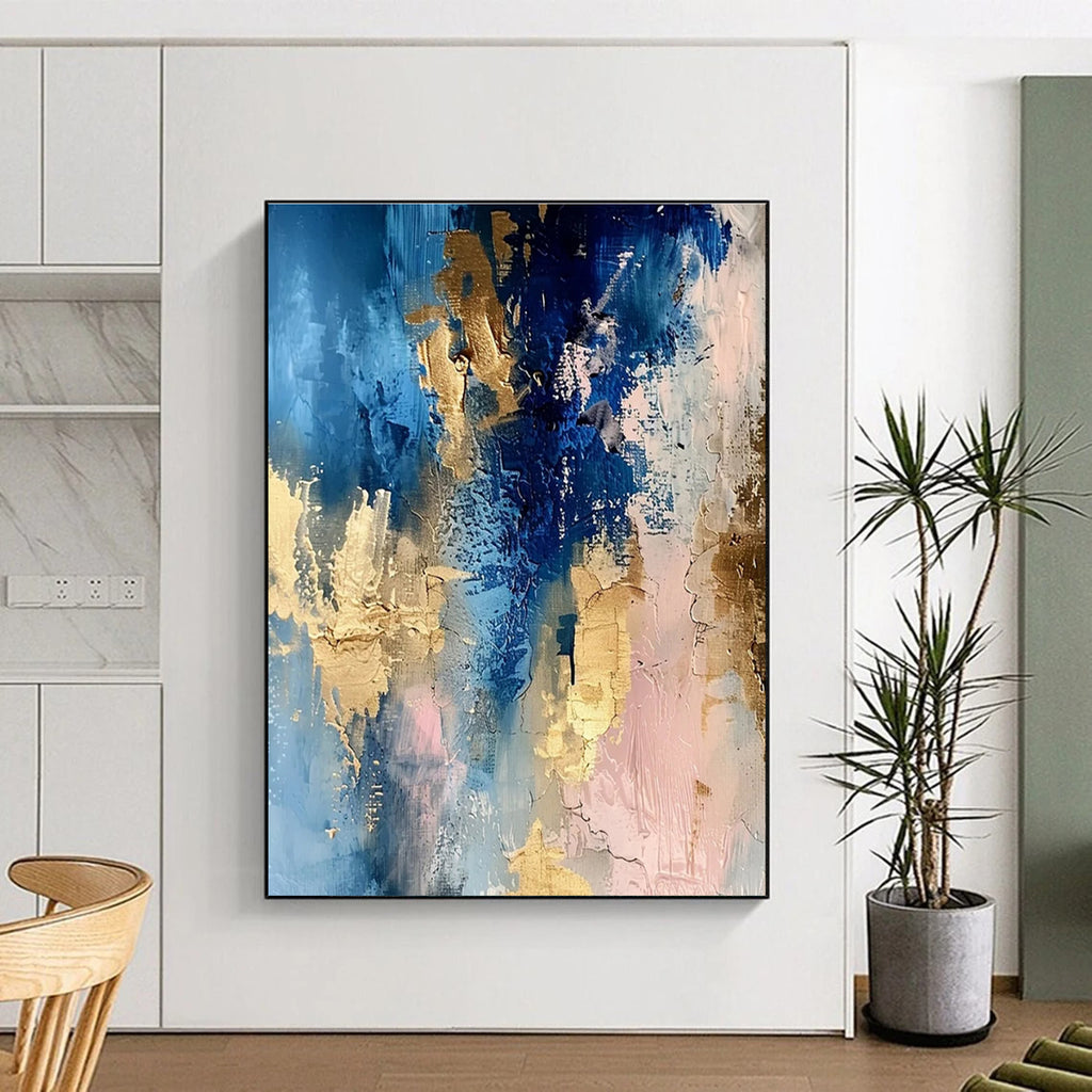 Blue - Gold - Pink Abstract Fusion Painting for Art Deco Living Spaces HENG072