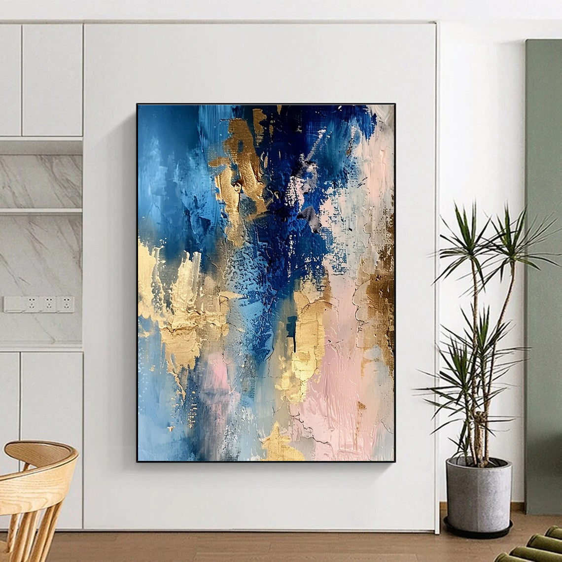 Blue - Gold - Pink Abstract Fusion Painting for Art Deco Living Spaces HENG072