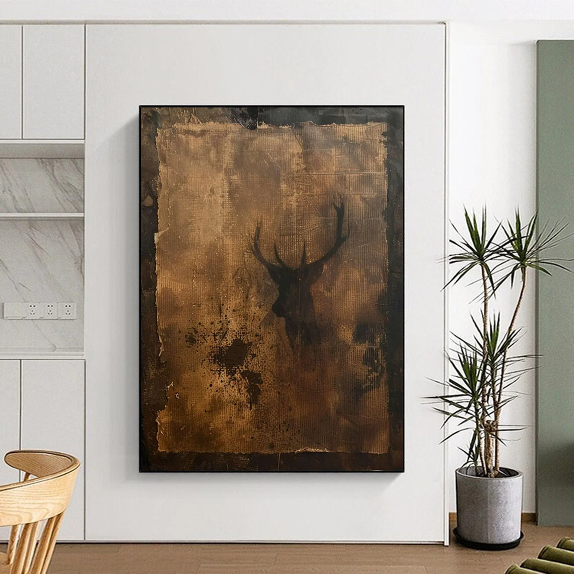 Vintage Deer Silhouette Mixed - Media Abstract Painting for Rustic - Style Cafes HENG475