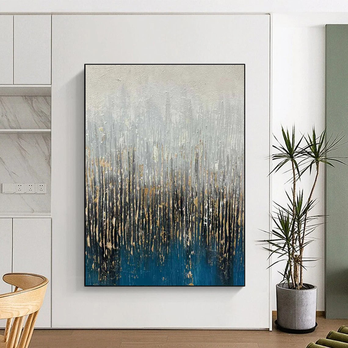 Gray - Blue - Gold Abstract Painting for Luxury Living Rooms HENG406