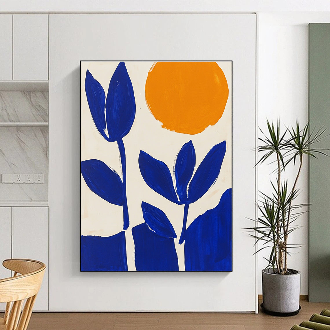 Blue Flowers and Orange Sun Abstract Painting for Cheerful Kitchens GAB1374