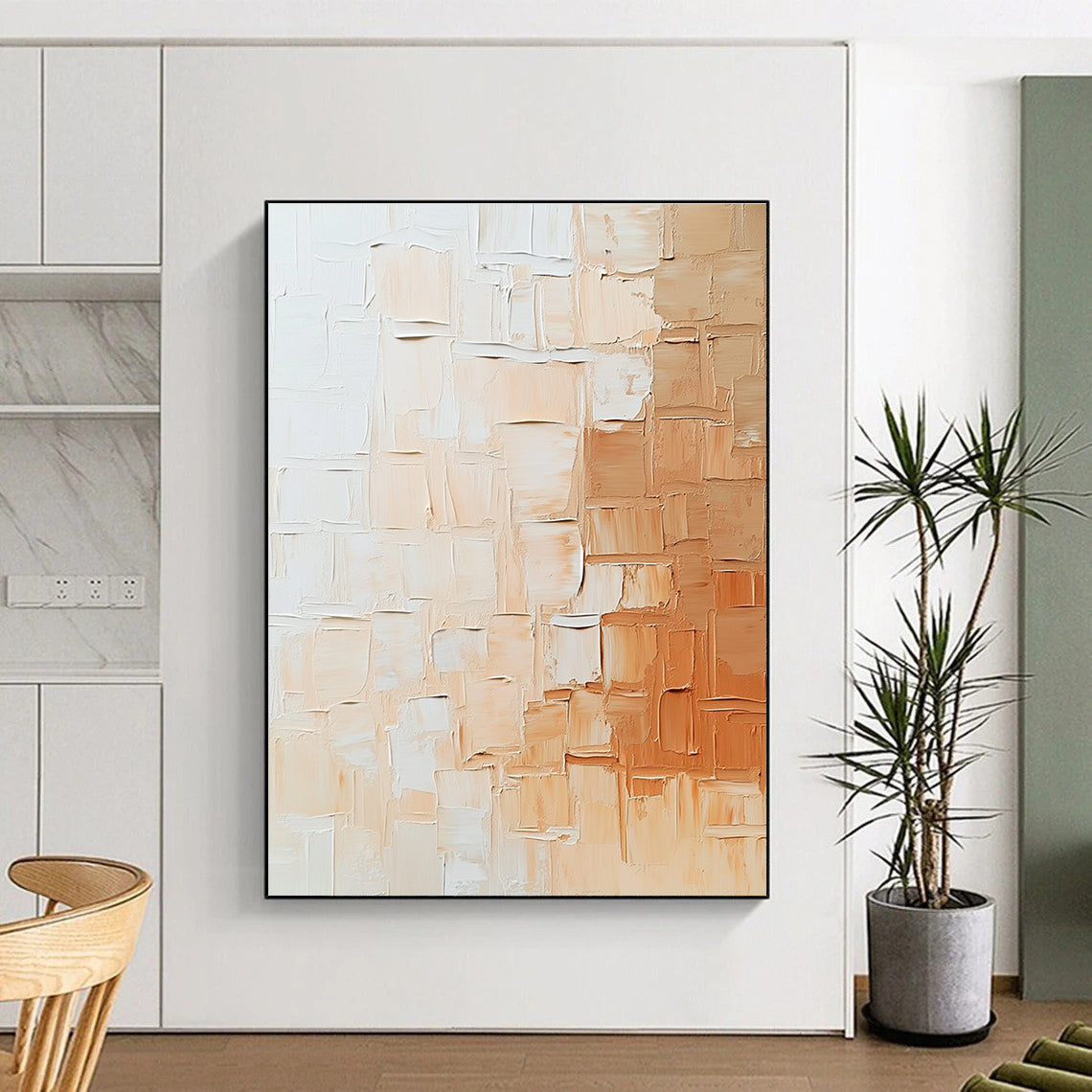 Beige - Textured Abstract Painting with Patchwork Design WINK864