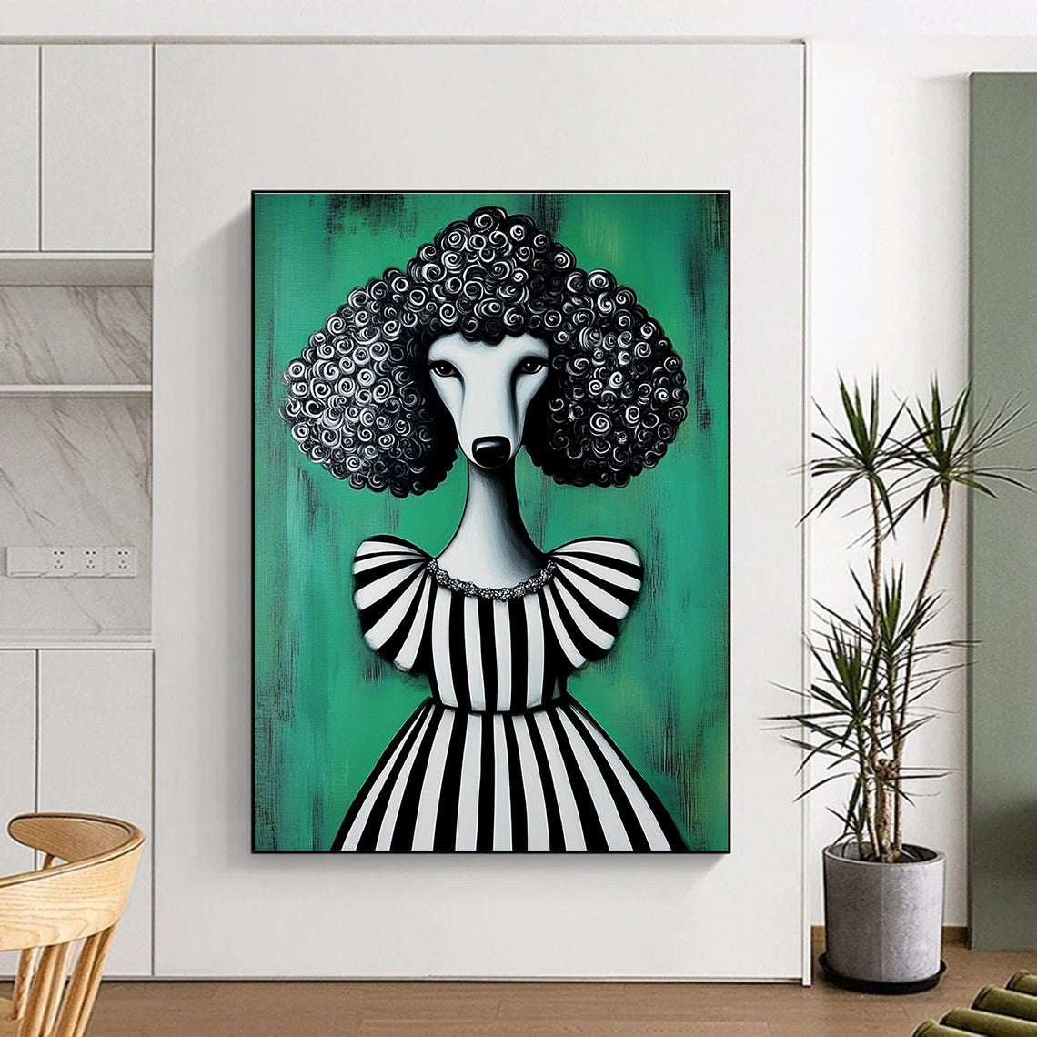 Poodle in Striped Dress Painting of Elegant Quirkiness GAB0134