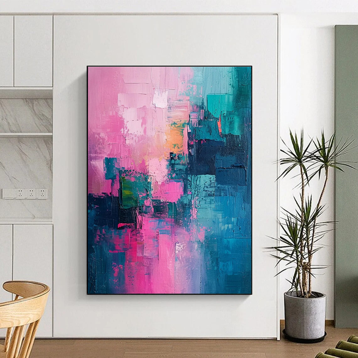 Soft Pink and Teal Abstract Painting for Bedroom Retreats HENG061