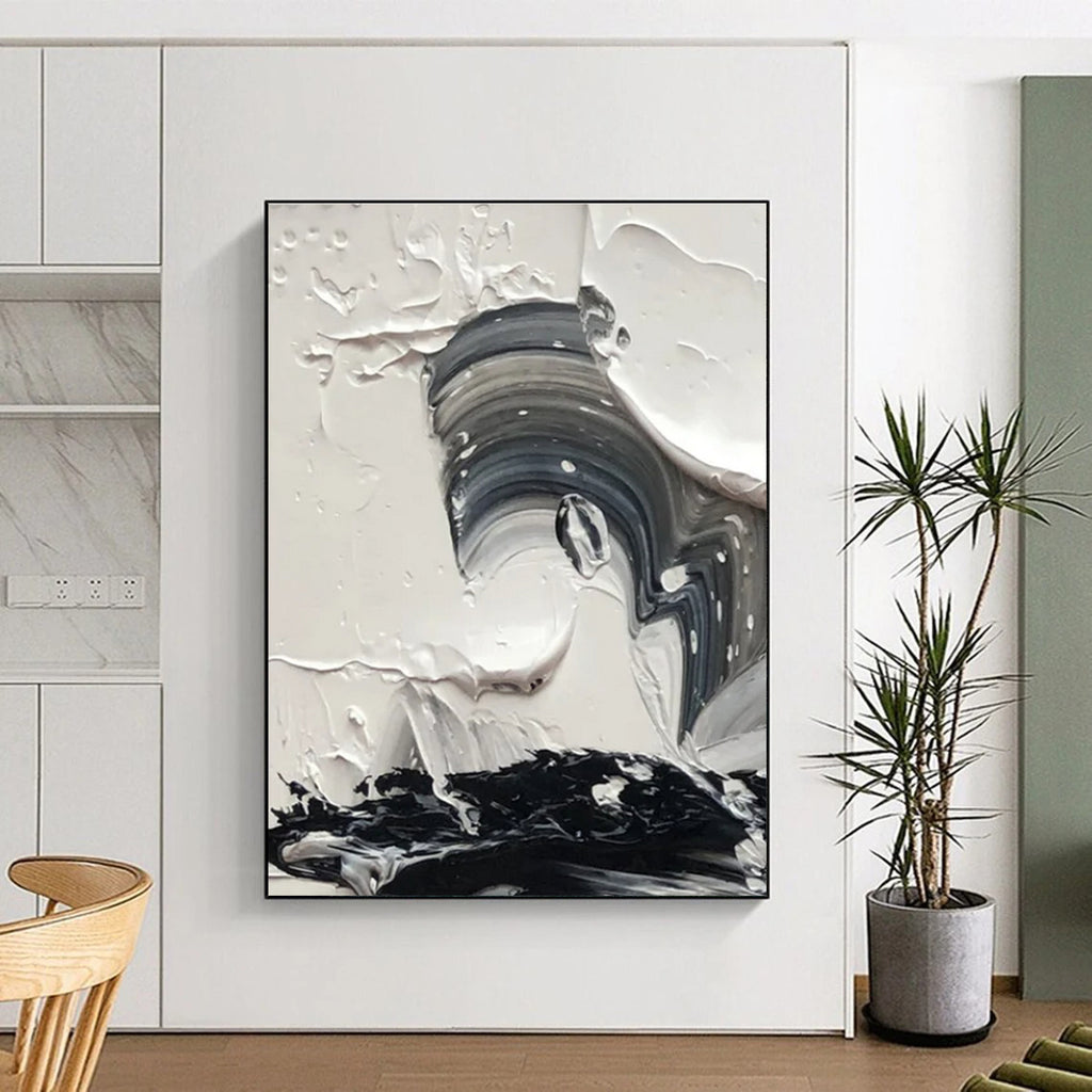 Black and White Swirl Abstract Painting for Dynamic Entryways HENG444