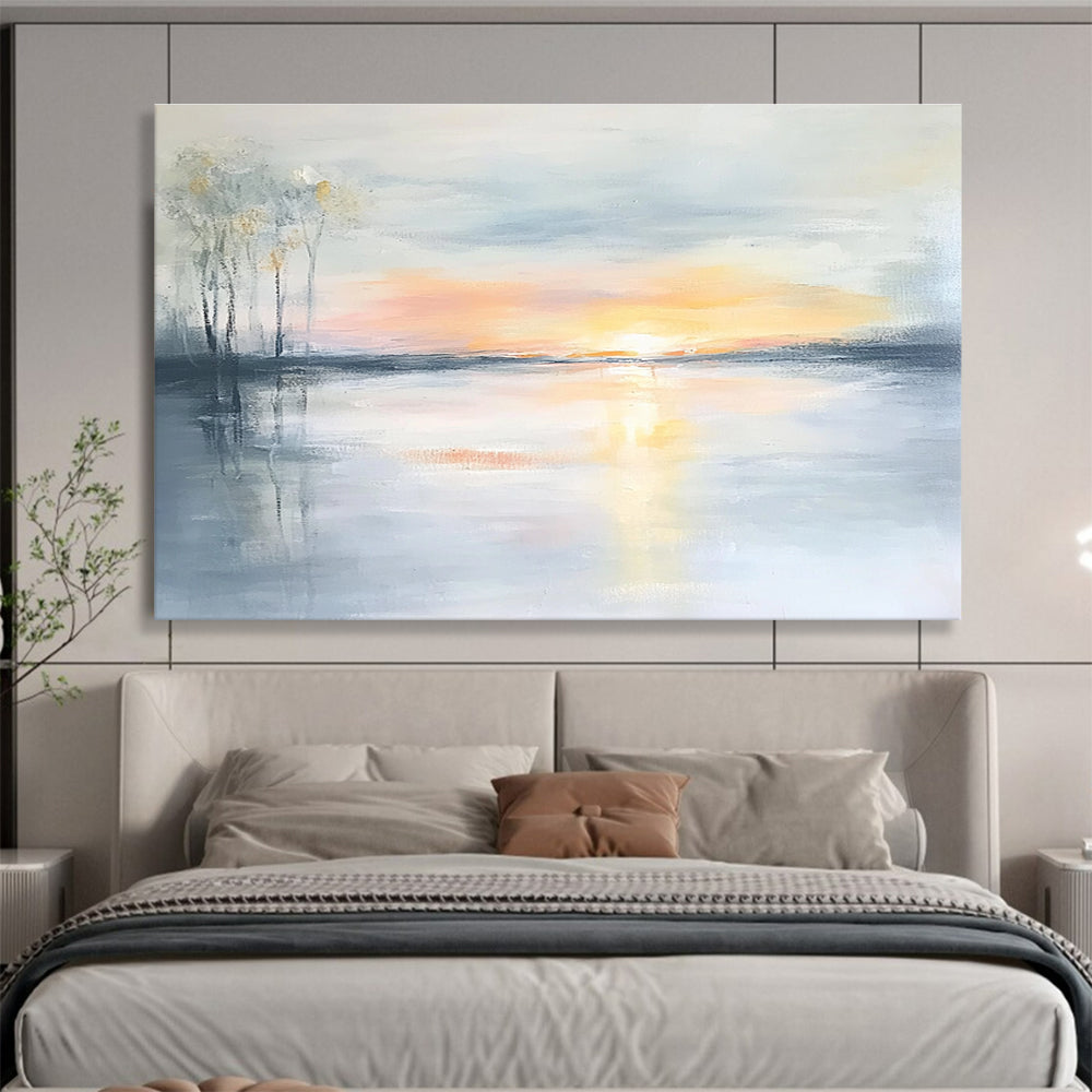 Serene Sunset Lake Abstract Painting with Soft Reflections ABS242