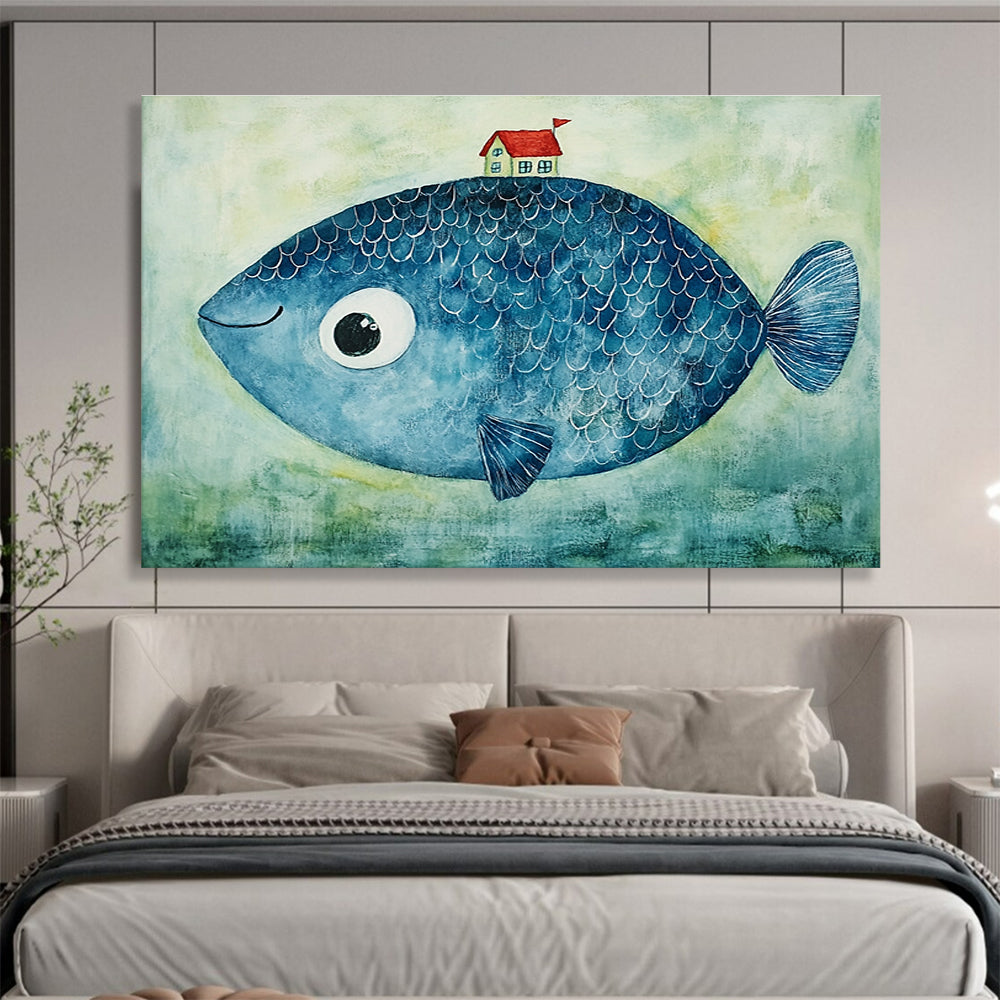 Blue Fish with a House  Whimsical Fantasy ABS069