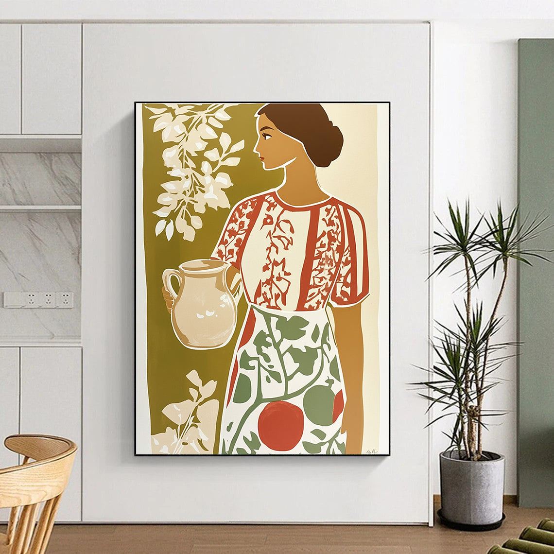 Woman with Jug Folk - Inspired Abstract Painting for Rustic Spaces GAB1460
