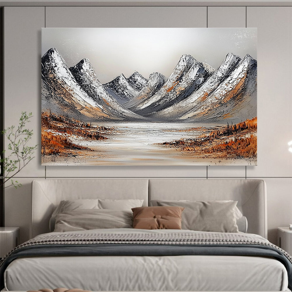 Snowy Mountains with Lake Abstract Painting with Frosty Serenity ABS608
