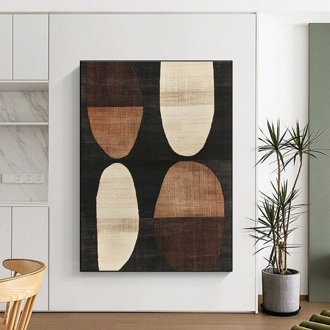 Brown and Black Oval Abstract Painting with Geometric Forms WINK840