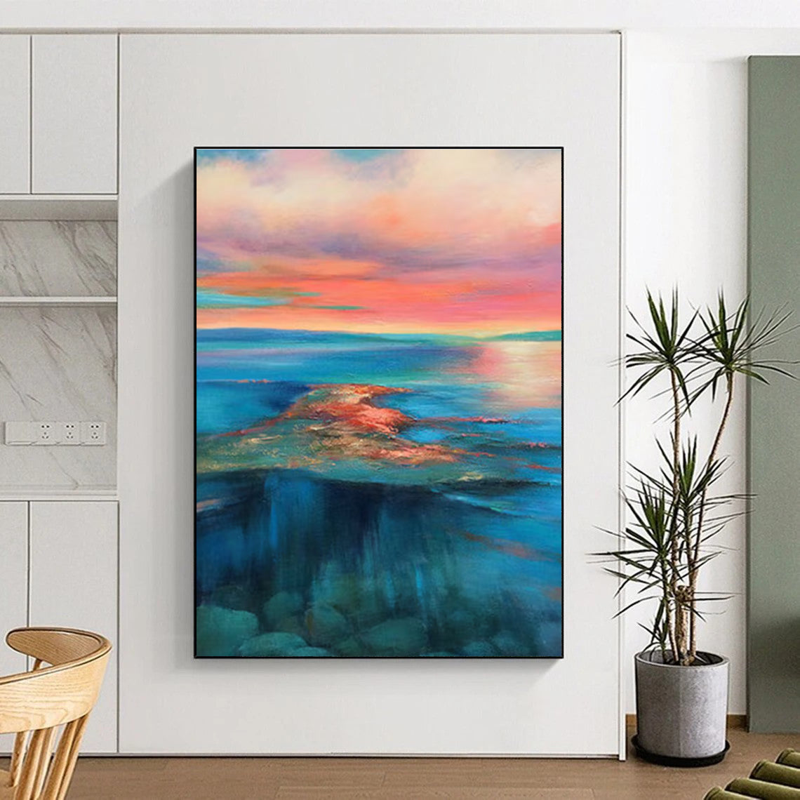 Serene Sunset Seascape Abstract Painting for Coastal Home Living Rooms HENG051