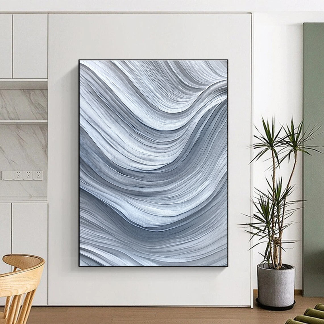 Gray and White Waves Abstract Painting with Monochromatic Flow WINK075