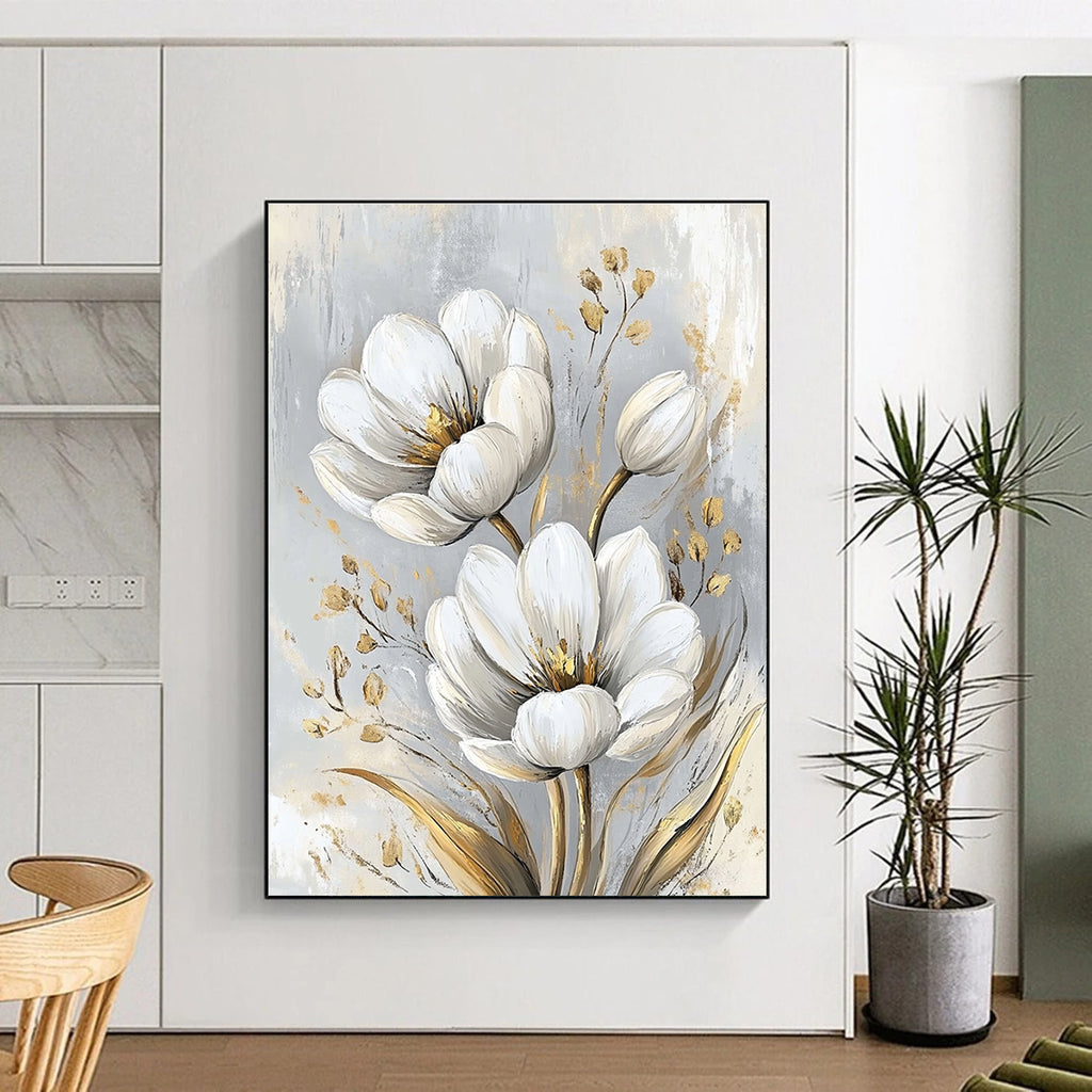 White Flowers with Gold Accents Sophisticated Abstract Painting for Upscale Spaces GAB1528