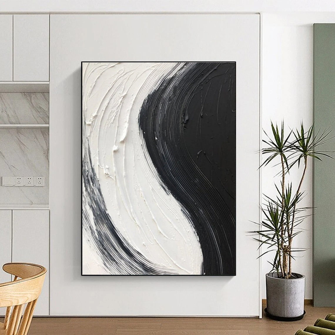 Black - White Textured Stripe Art Abstract Painting for Monochrome Dining Rooms HENG376