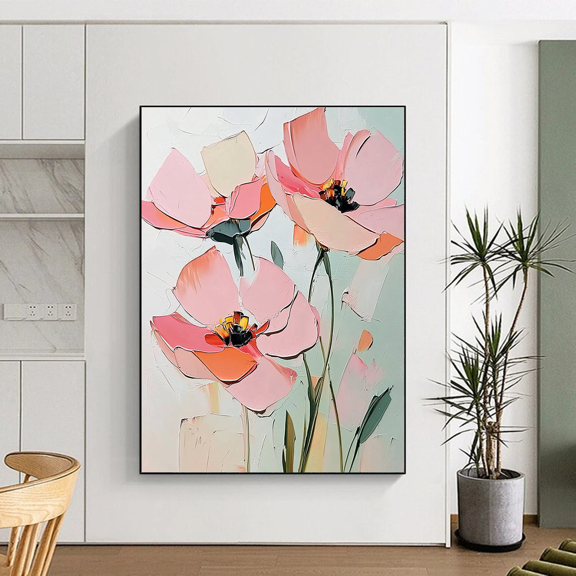 Textured Pink Flower Abstract Painting: Layered Petals & Soft Hues GAB0950