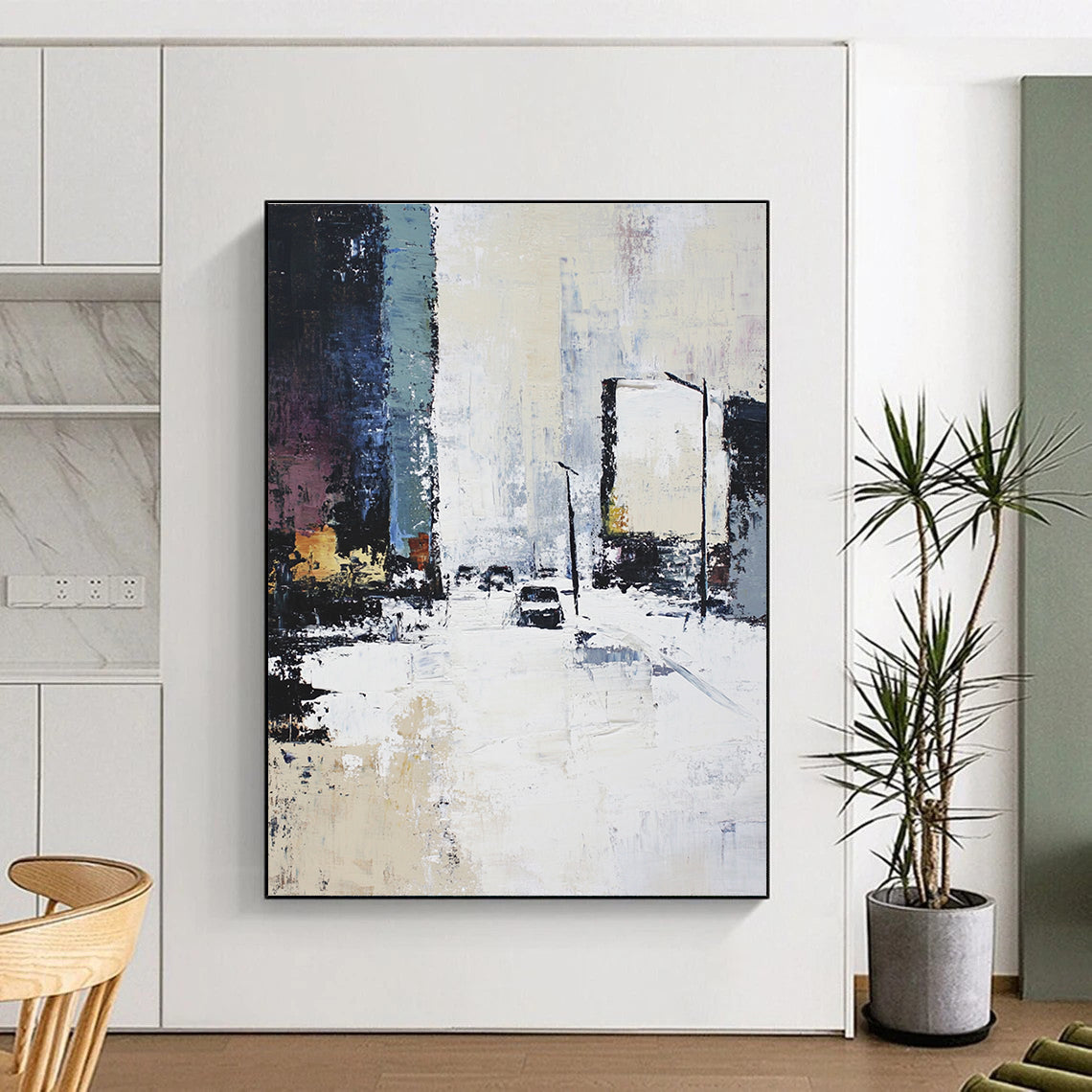 Snowy Urban Street - Winter Cityscape Abstract Painting GAB0572