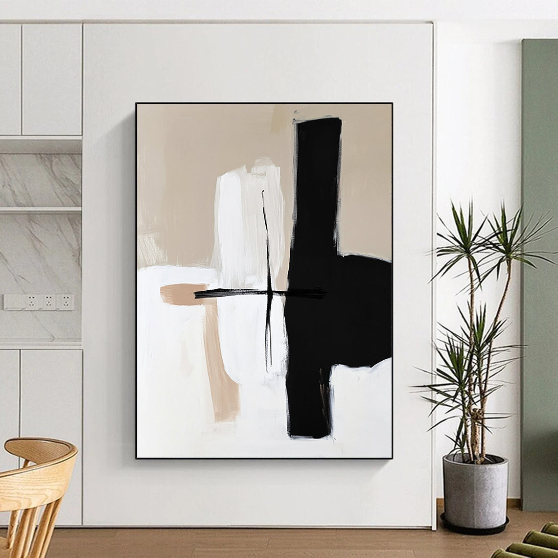 Beige Black White Abstract Painting with Minimalist Charm WINK668