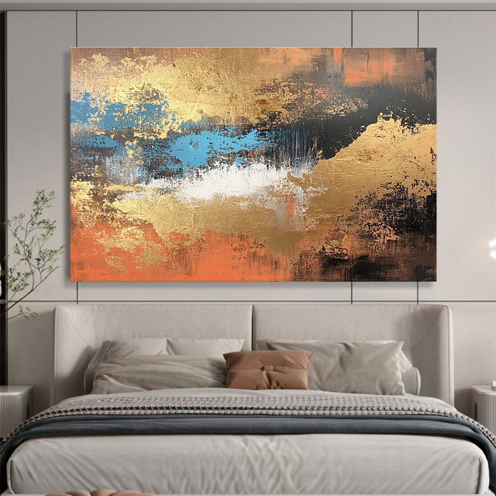 Gold - Blue Abstract Painting with Textured Brushstrokes ABS251
