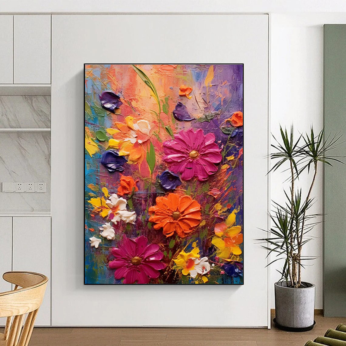 Textured Floral Abstraction Painting for Vibrant Living Spaces HENG430