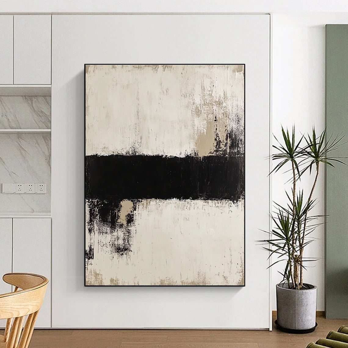 Black White Abstract Strip Painting with Textured Contrast WINK637