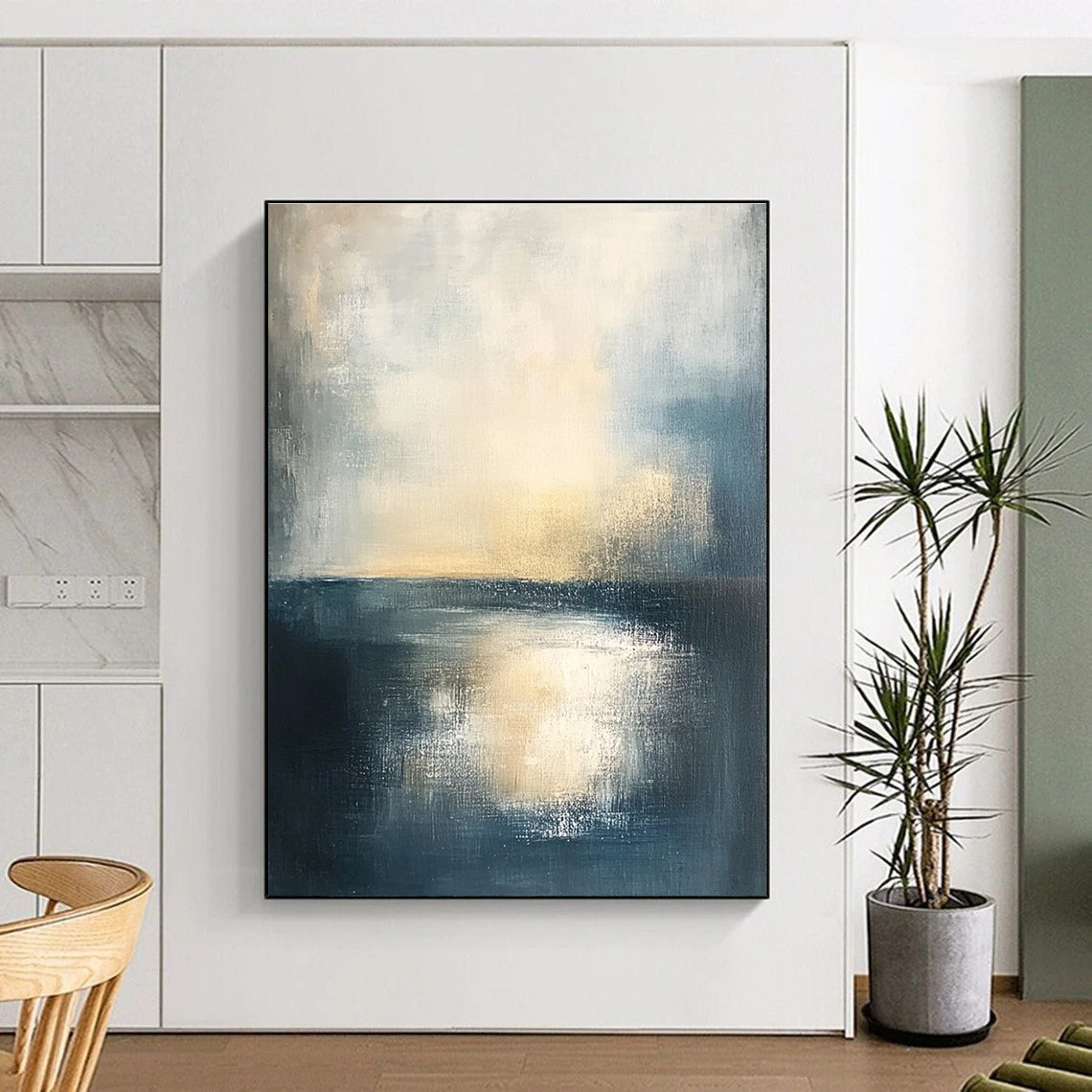 Serene Blue - Gold Sea Abstract Painting: Coastal Sunset Tranquility GAB0957