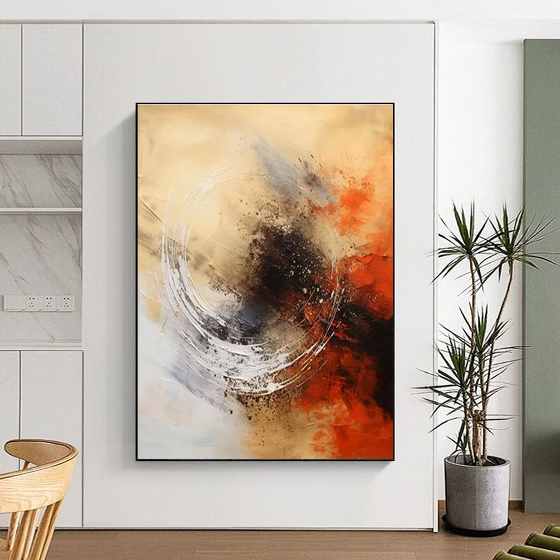 Beige - Orange - Black Abstract Painting for Artistic Dining Areas HENG121