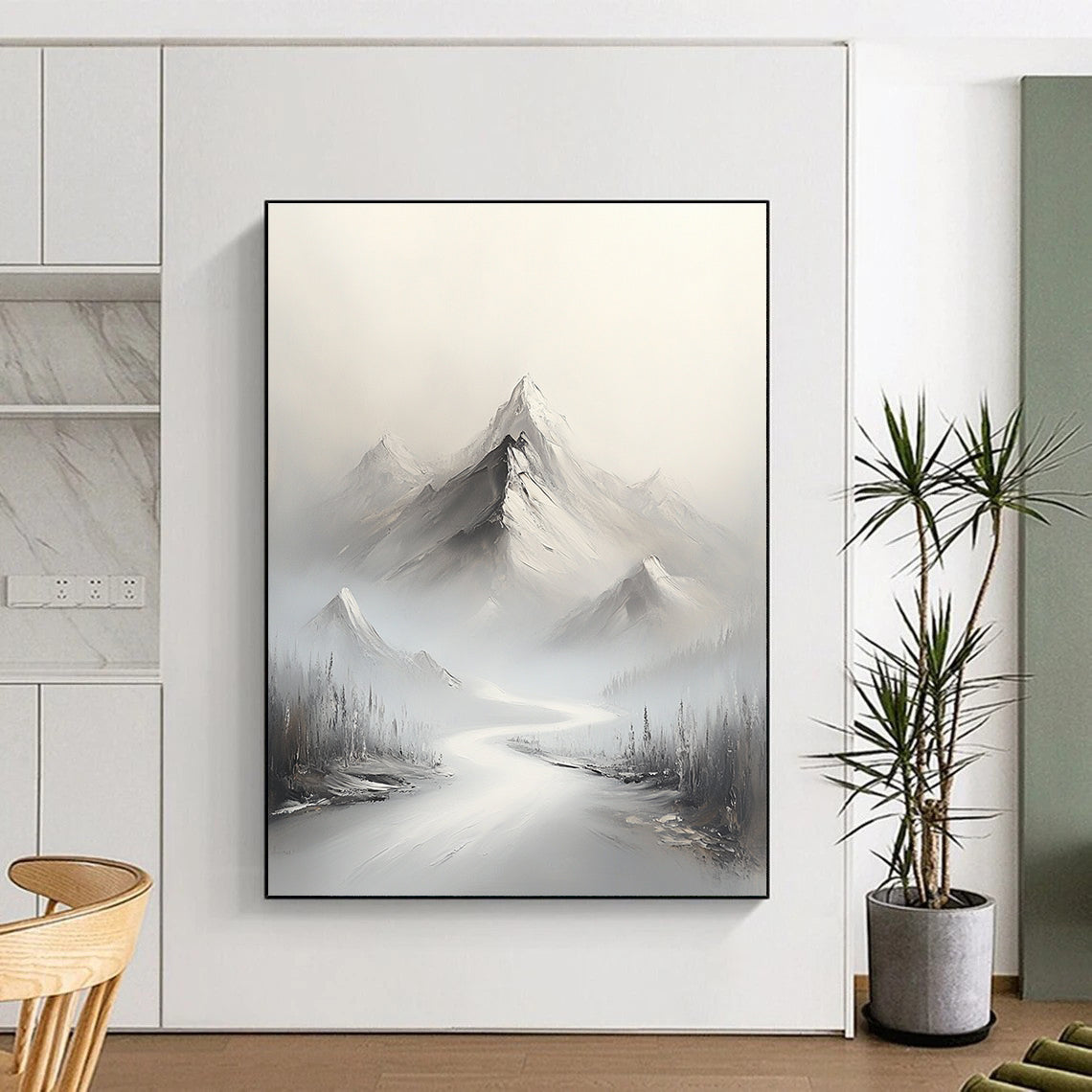 Misty Mountain River Ethereal Landscape Abstract Painting for Tranquil Spaces GAB1540